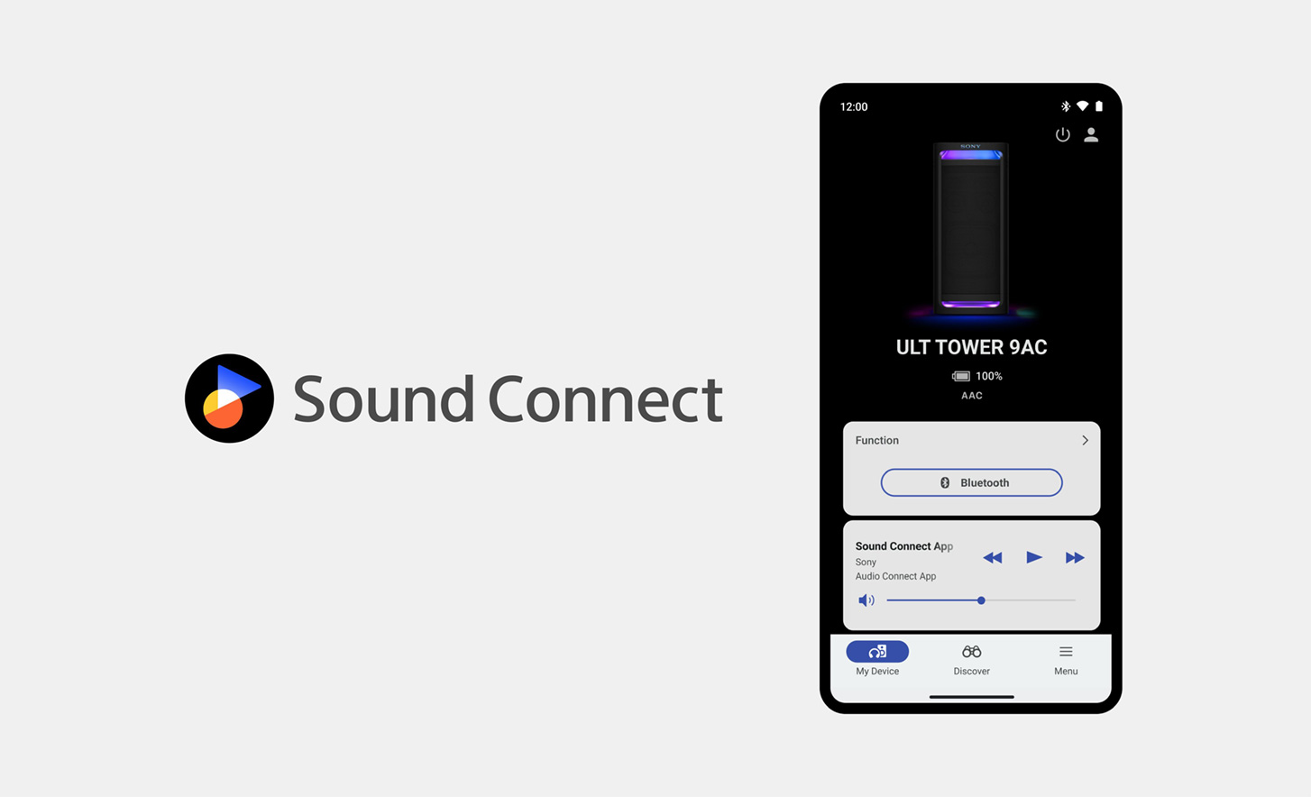El logotipo de Sound Connect junto a una imagen de un teléfono celular con la aplicación Sony Connect abierta y en uso visible en pantalla