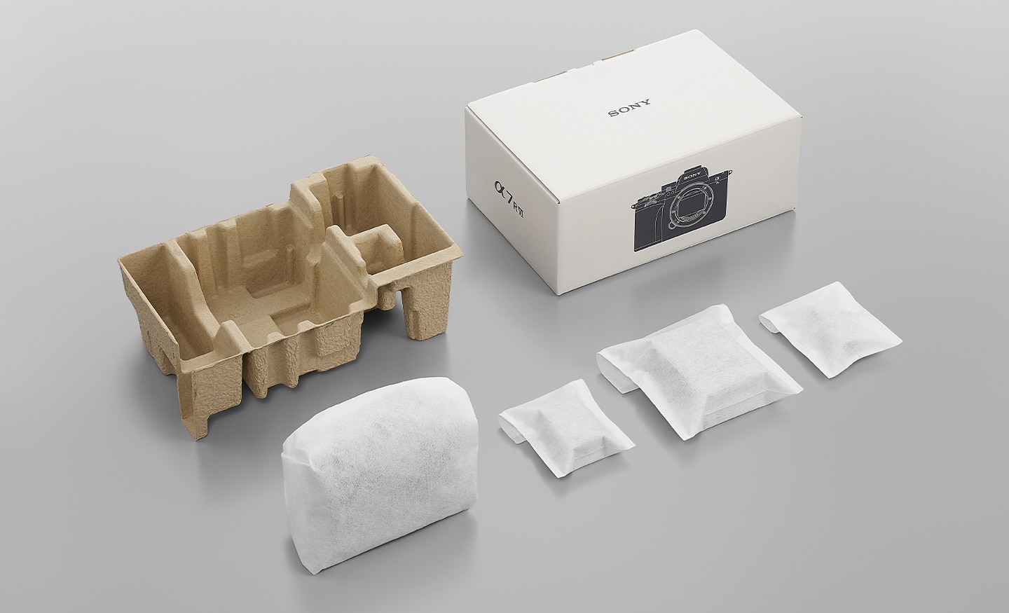 Imágenes de productos de envases sin plástico fabricados con Original Blended Material (material mezclado original).