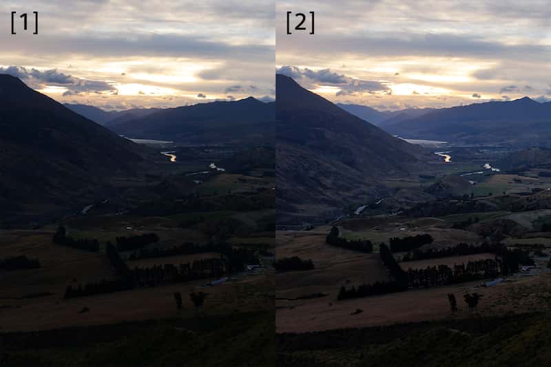 Imagen de ejemplo de un paisaje en la que se compara la imagen RAW original con la composición RAW HDR.