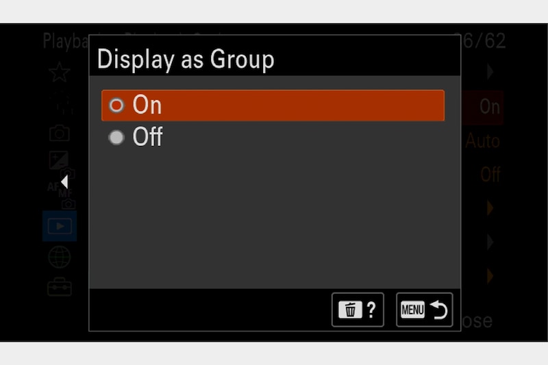 Menú de la cámara que muestra los ajustes de Visualización como grupo.