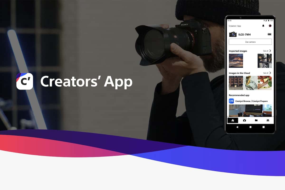 Ilustración de la Creators' App con imagen de uso como fondo e inserción de un smartphone para demostrar la compatibilidad