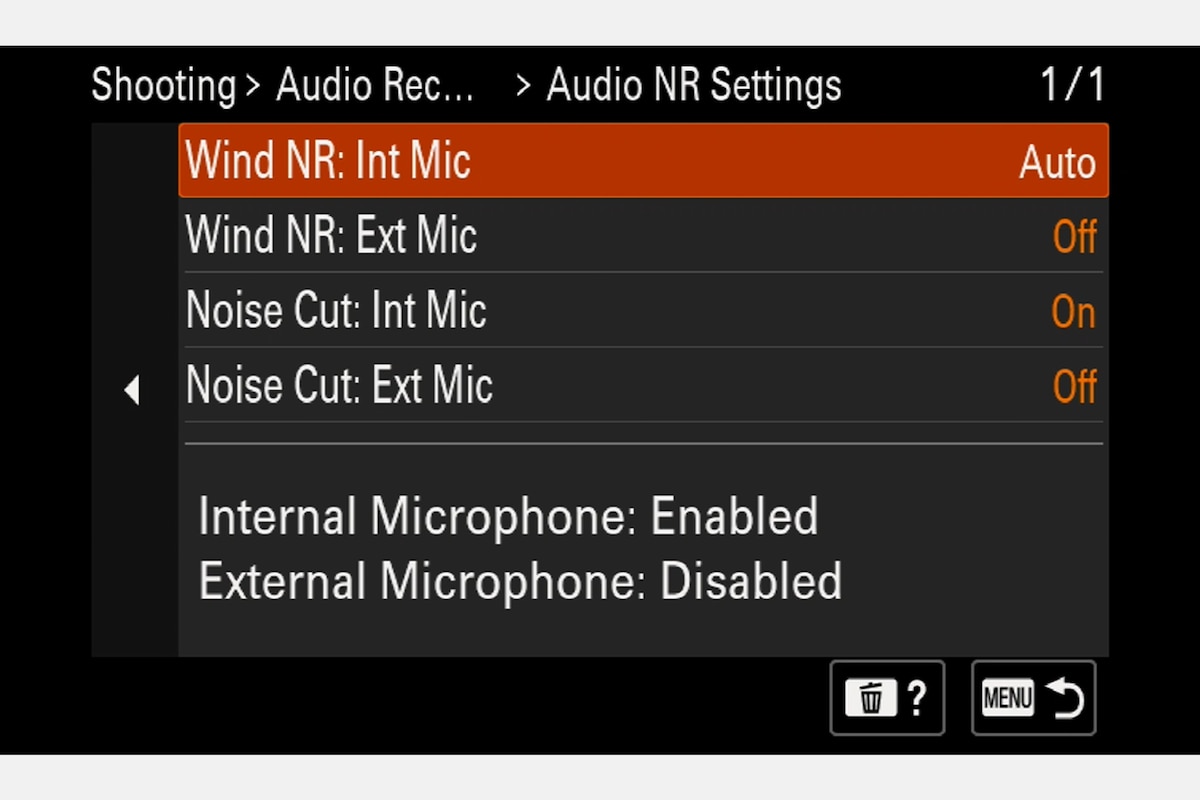 Menú de la cámara en el que se muestra la configuración de reducción de ruido de audio.