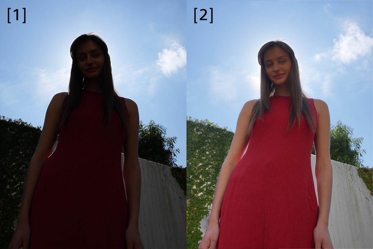Imágenes de ejemplo de una mujer en las que se comparan el optimizador de rango dinámico activado con este desactivado en la imagen de la izquierda y en Lv.8 en la imagen de la derecha, la cual muestra un rendimiento visual notablemente mejor.